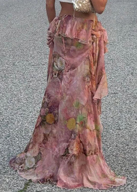 Stylish Pink Print Low High Design Chiffon Skirt Summer