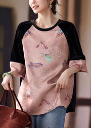 Stylish Pink Print Patchwork Silk Velour T Shirts Half Sleeve