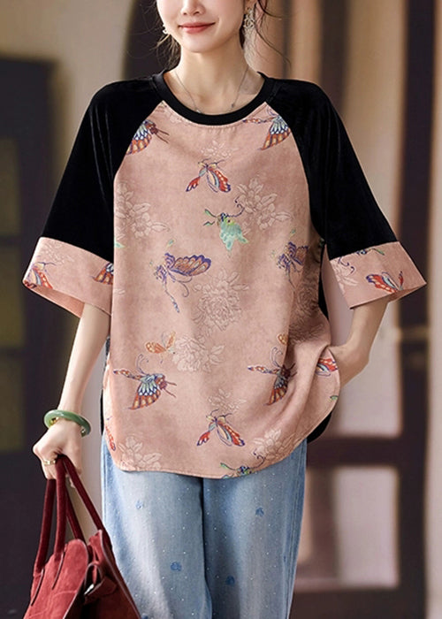 Stylish Pink Print Patchwork Silk Velour T Shirts Half Sleeve