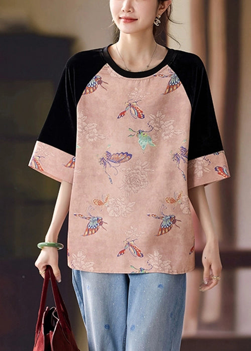 Stylish Pink Print Patchwork Silk Velour T Shirts Half Sleeve