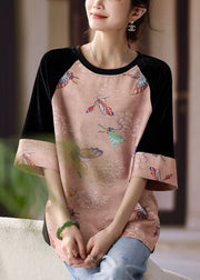 Stylish Pink Print Patchwork Silk Velour T Shirts Half Sleeve