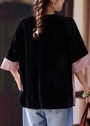 Stylish Pink Print Patchwork Silk Velour T Shirts Half Sleeve