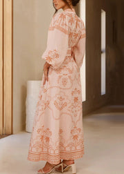 Stylish Pink Print Sashes Linen Shirts Dress Puff Sleeve