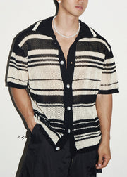 Stylish Pink Striped Hollow Out Knit Polo Shirts Men Apparel Summer