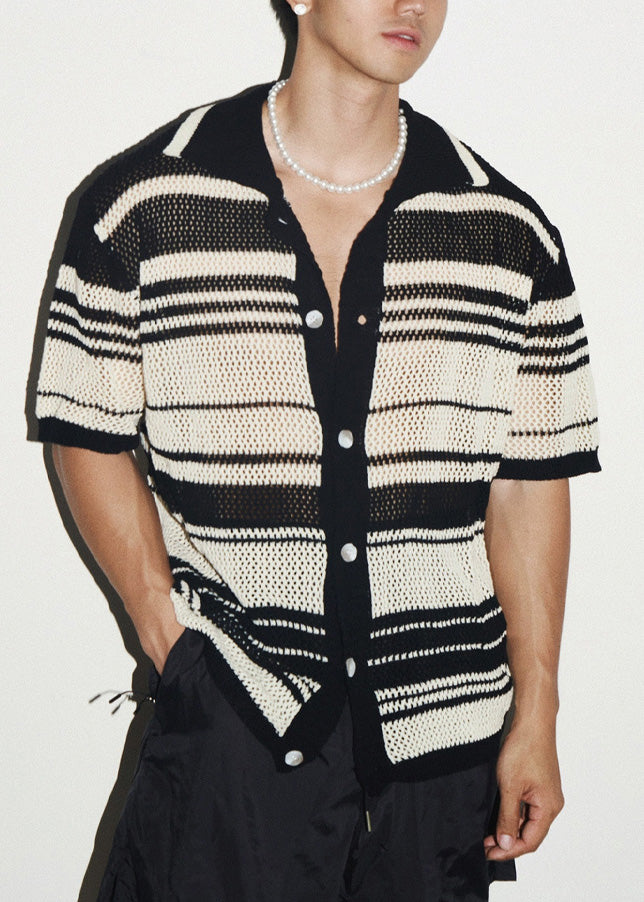 Stylish Pink Striped Hollow Out Knit Polo Shirts Men Apparel Summer