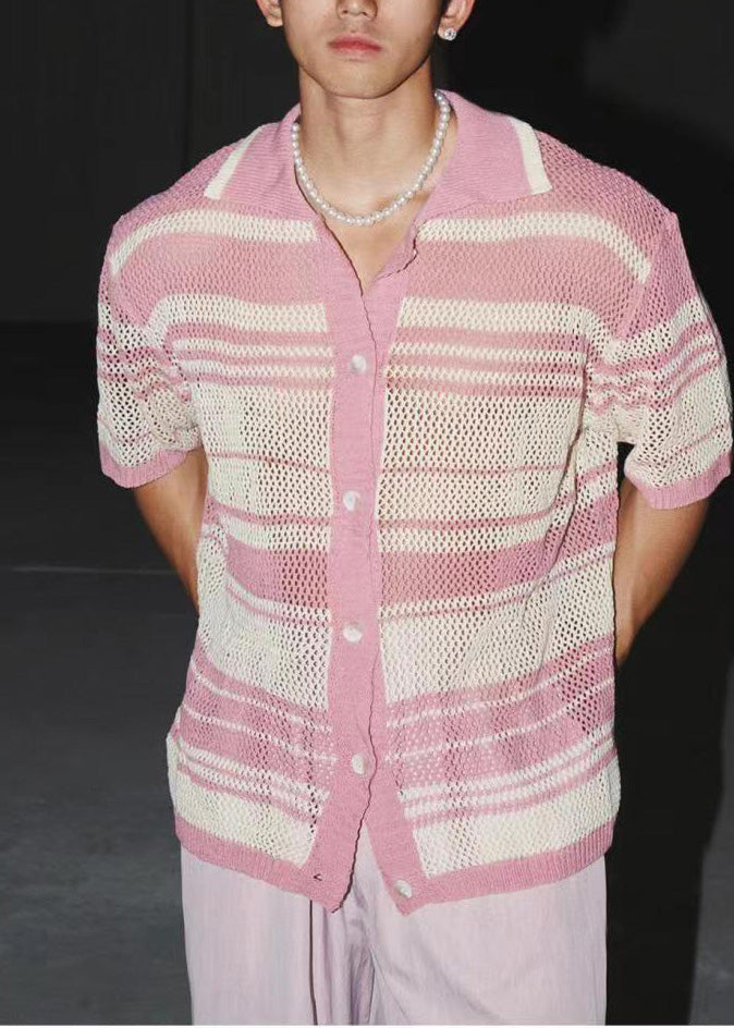Stylish Pink Striped Hollow Out Knit Polo Shirts Men Apparel Summer
