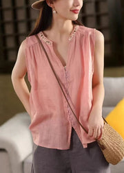 Stylish Pink V Neck Button Linen Blouses Sleeveless
