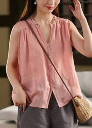 Stylish Pink V Neck Button Linen Blouses Sleeveless