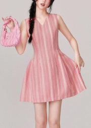 Stylish Pink V Neck High Waist Cotton Mid Dress Sleeveless