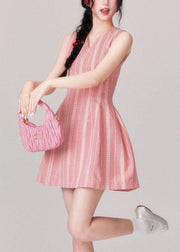 Stylish Pink V Neck High Waist Cotton Mid Dress Sleeveless