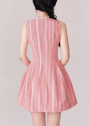 Stylish Pink V Neck High Waist Cotton Mid Dress Sleeveless