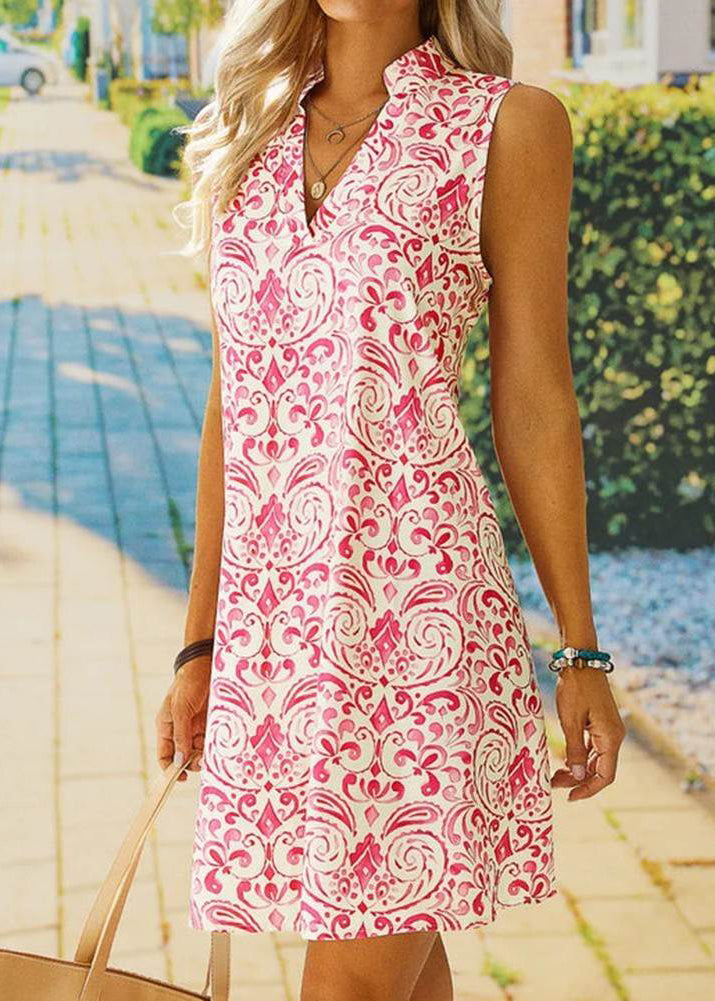 Stylish Pink V Neck Print Cotton Mid Dress Sleeveless
