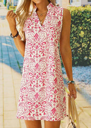 Stylish Pink V Neck Print Cotton Mid Dress Sleeveless