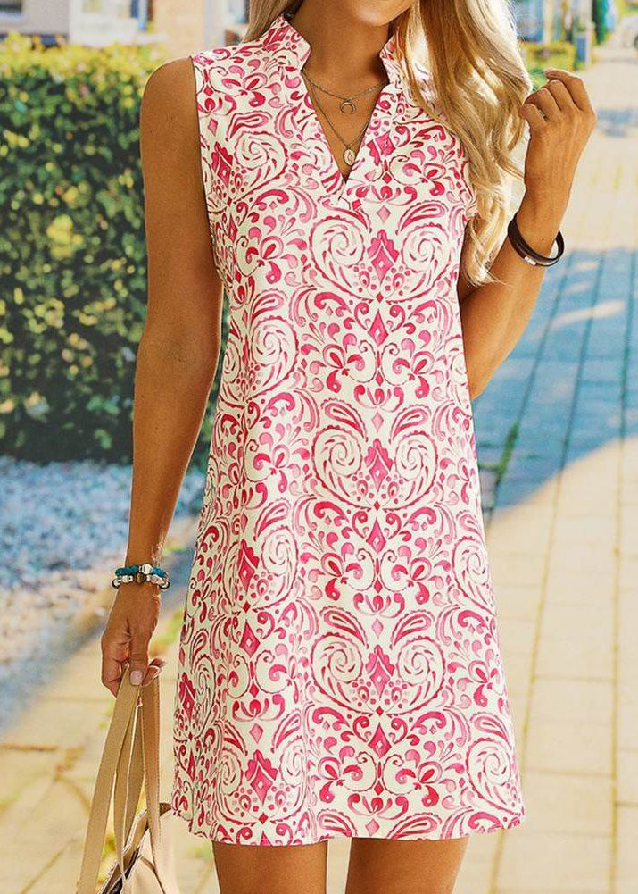 Stylish Pink V Neck Print Cotton Mid Dress Sleeveless