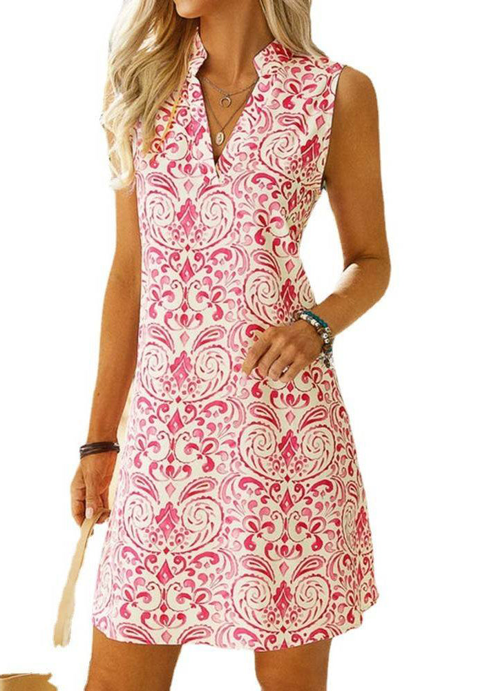 Stylish Pink V Neck Print Cotton Mid Dress Sleeveless