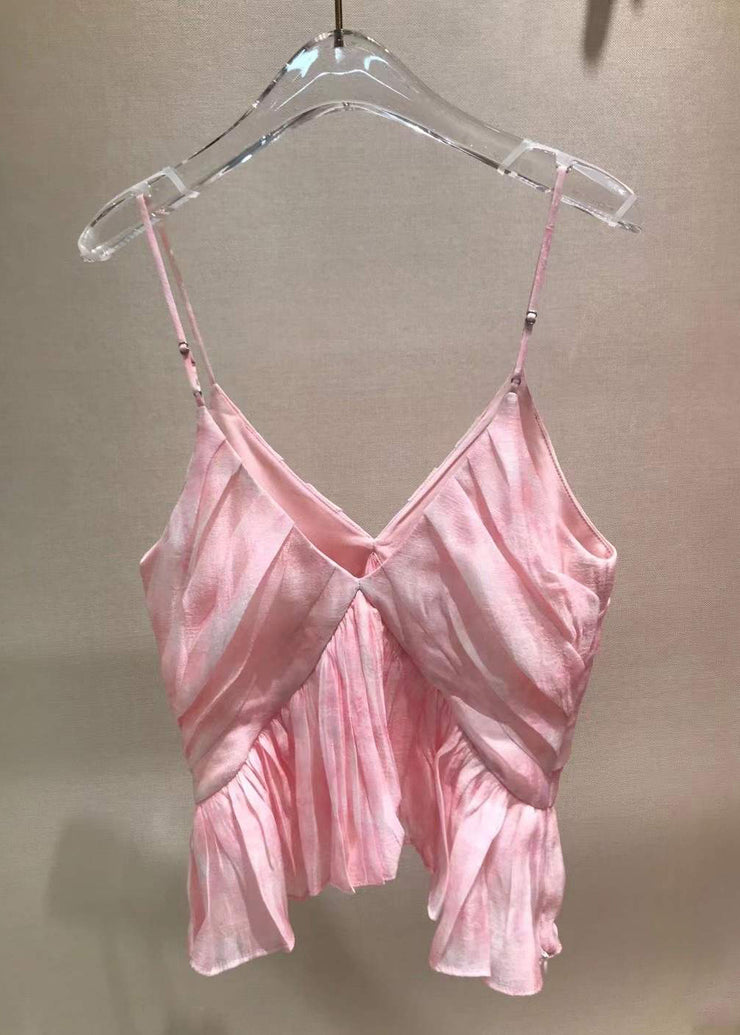 Stylish Pink V Neck Wrinkled Spaghetti Strap Tank Sleeveless