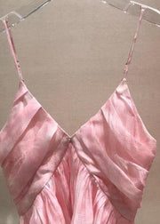 Stylish Pink V Neck Wrinkled Spaghetti Strap Tank Sleeveless