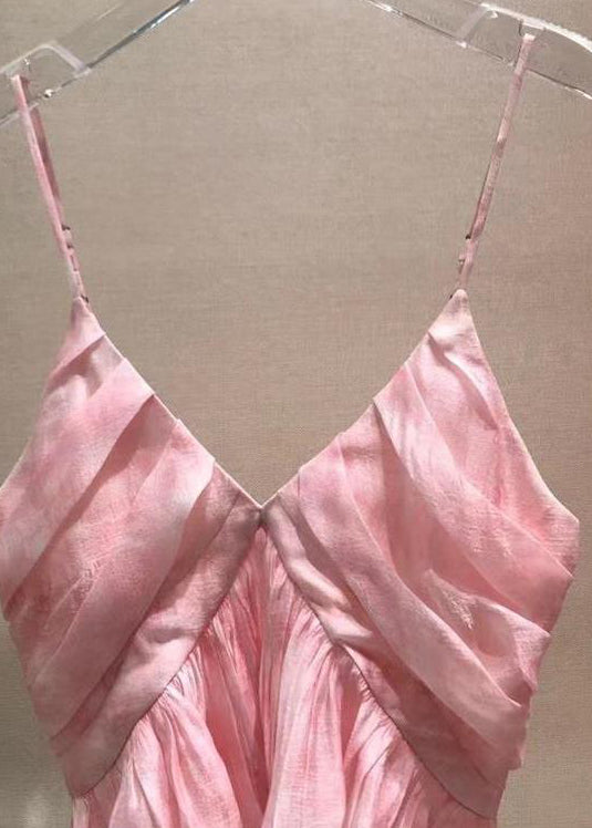 Stylish Pink V Neck Wrinkled Spaghetti Strap Tank Sleeveless