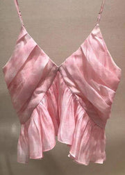 Stylish Pink V Neck Wrinkled Spaghetti Strap Tank Sleeveless