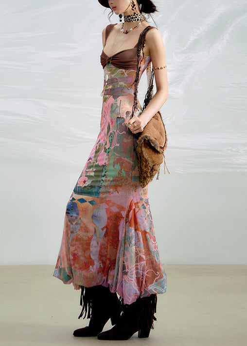 Stylish Print High Waist Patchwork Cotton Spaghetti Strap Dress Sleeveless