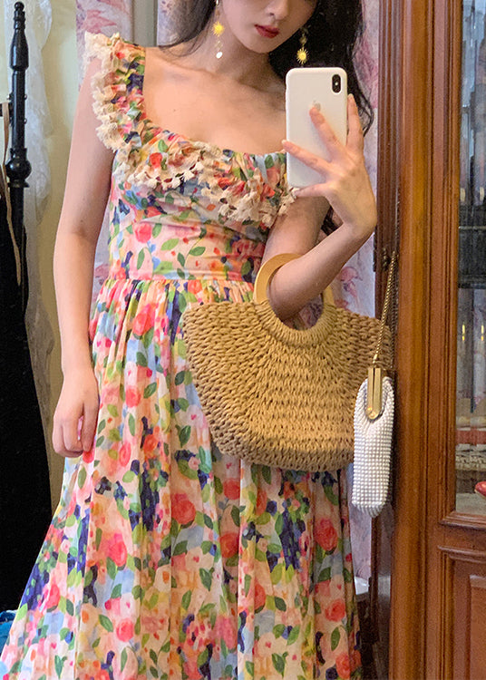 Stylish Print Lace High Waist Cotton Long Dresses Sleeveless