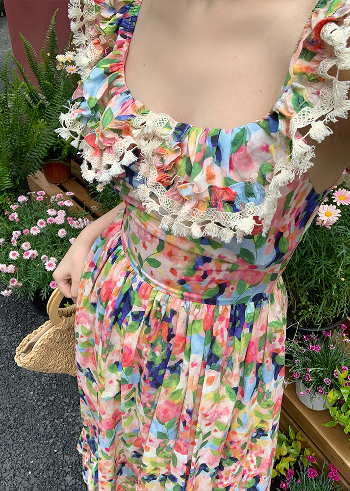 Stylish Print Lace High Waist Cotton Long Dresses Sleeveless
