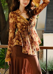 Stylish Print Lace Up Chiffon Shirts Flare Sleeve