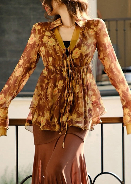 Stylish Print Lace Up Chiffon Shirts Flare Sleeve