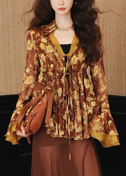 Stylish Print Lace Up Chiffon Shirts Flare Sleeve