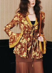 Stylish Print Lace Up Chiffon Shirts Flare Sleeve