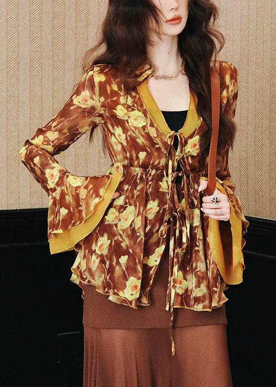Stylish Print Lace Up Chiffon Shirts Flare Sleeve