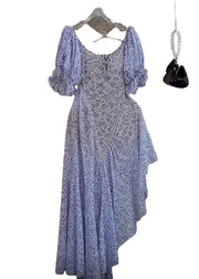 Stylish Purple Asymmetrical Print Hollow Out Chiffon Dress Butterfly Sleeve