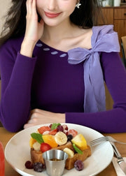 Stylish Purple Bow Solid Knit Sweater Winter