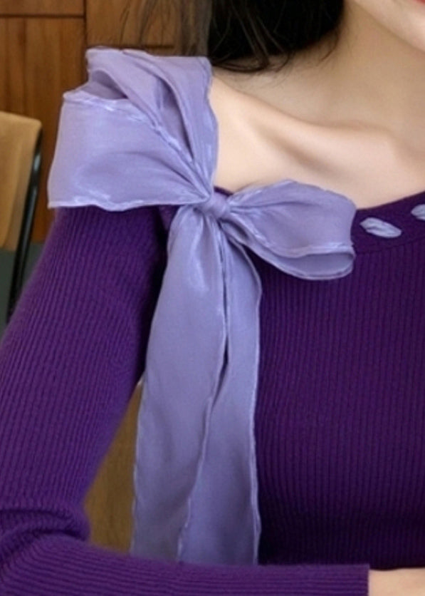 Stylish Purple Bow Solid Knit Sweater Winter