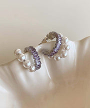 Stylish Purple Copper Overgild Zircon Pearl Hoop Earrings