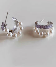 Stylish Purple Copper Overgild Zircon Pearl Hoop Earrings