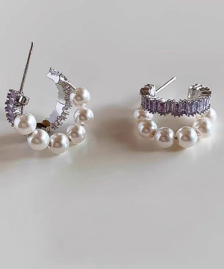 Stylish Purple Copper Overgild Zircon Pearl Hoop Earrings