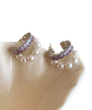 Stylish Purple Copper Overgild Zircon Pearl Hoop Earrings