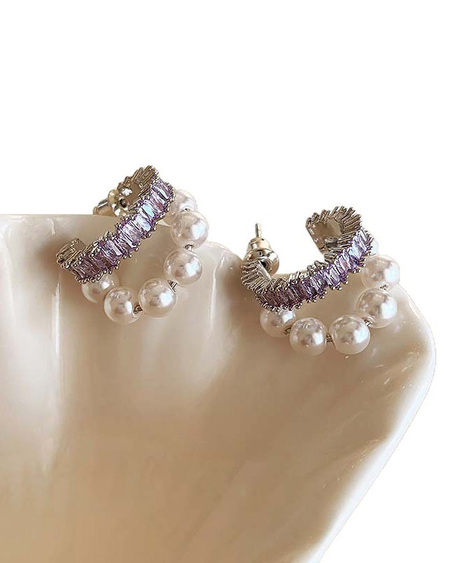 Stylish Purple Copper Overgild Zircon Pearl Hoop Earrings