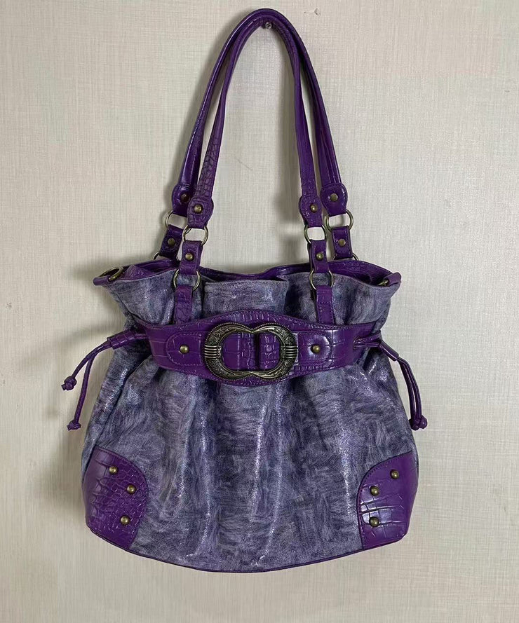 Stylish Purple Drawstring  Faux Leather Pouch Bag