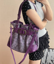 Stylish Purple Drawstring  Faux Leather Pouch Bag