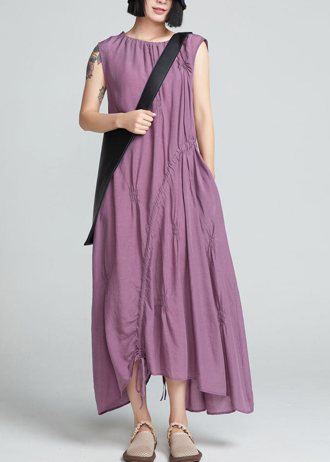 Stylish Purple Drawstring Wrinkled Cotton Long Dress Sleeveless