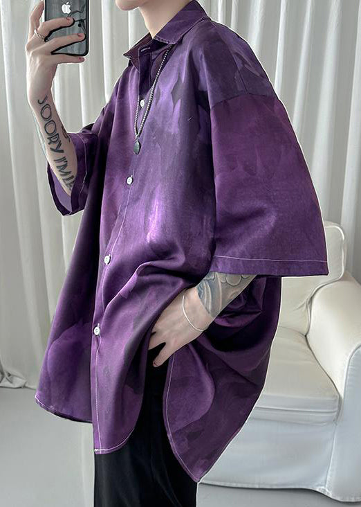 Stylish Purple Peter Pan Collar Tie Dye Ice Silk Shirts Mens Half Sleeve