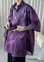 Stylish Purple Peter Pan Collar Tie Dye Ice Silk Shirts Mens Half Sleeve