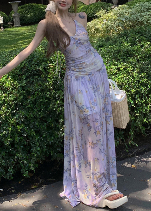 Stylish Purple Print Lace Up Tulle Long Dresses Sleeveless