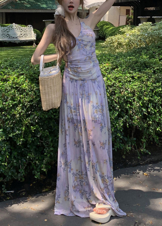 Stylish Purple Print Lace Up Tulle Long Dresses Sleeveless