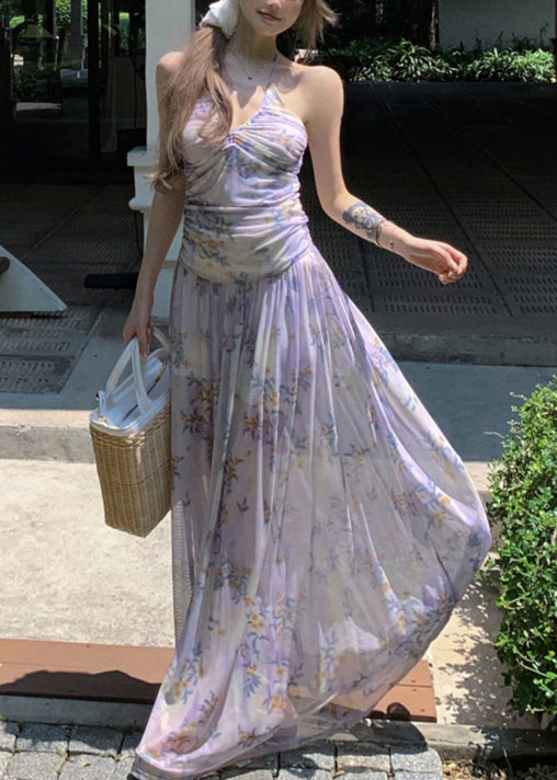 Stylish Purple Print Lace Up Tulle Long Dresses Sleeveless