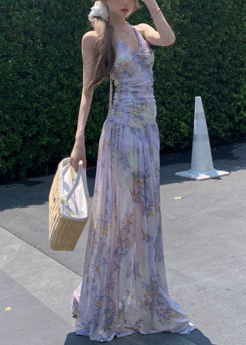 Stylish Purple Print Lace Up Tulle Long Dresses Sleeveless