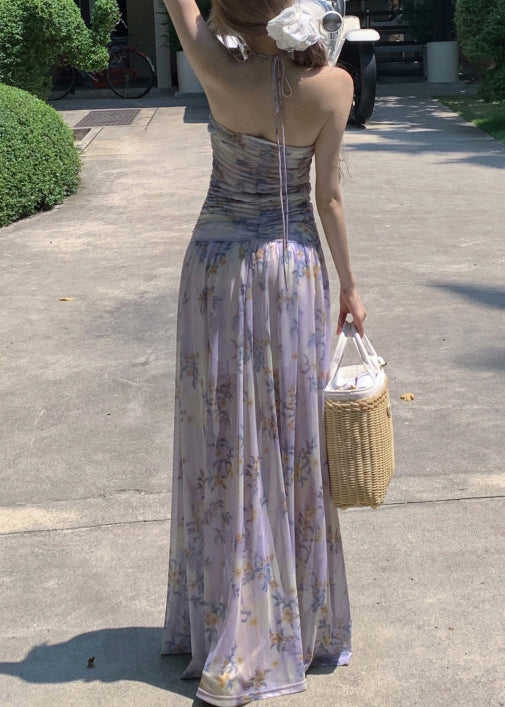 Stylish Purple Print Lace Up Tulle Long Dresses Sleeveless