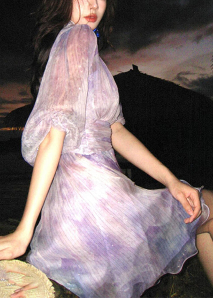 Stylish Purple Ruffled Tie Dye Silk Mid Dress Half Sleeve